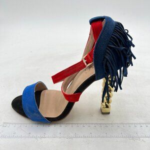 Red Cross Strap Tassels Open Toe Gold Metal Chain Chunky High Heels Dress Sandal